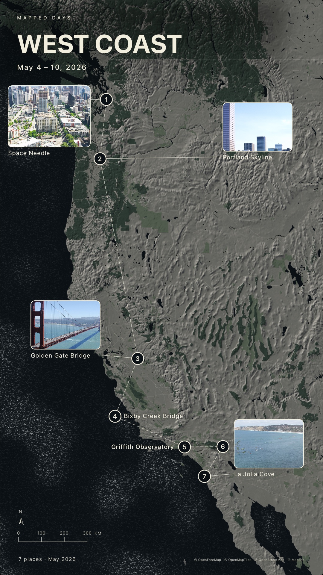 Moonlit style: a seven-day West Coast route on mineral-gray terrain with silver water and full-color photos.