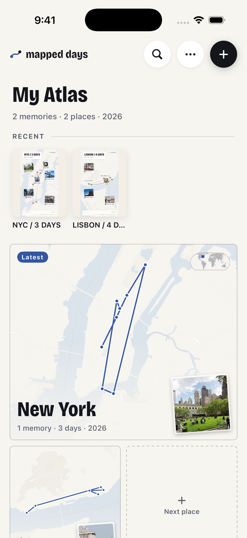 The atlas home screen, with a sheet for each place you've been.