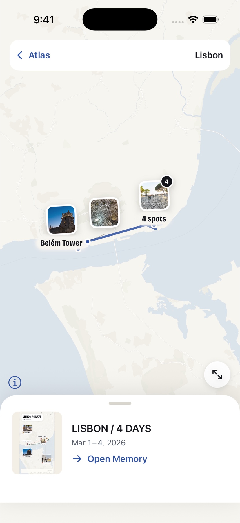An interactive map of one place, with photo markers for each memory.