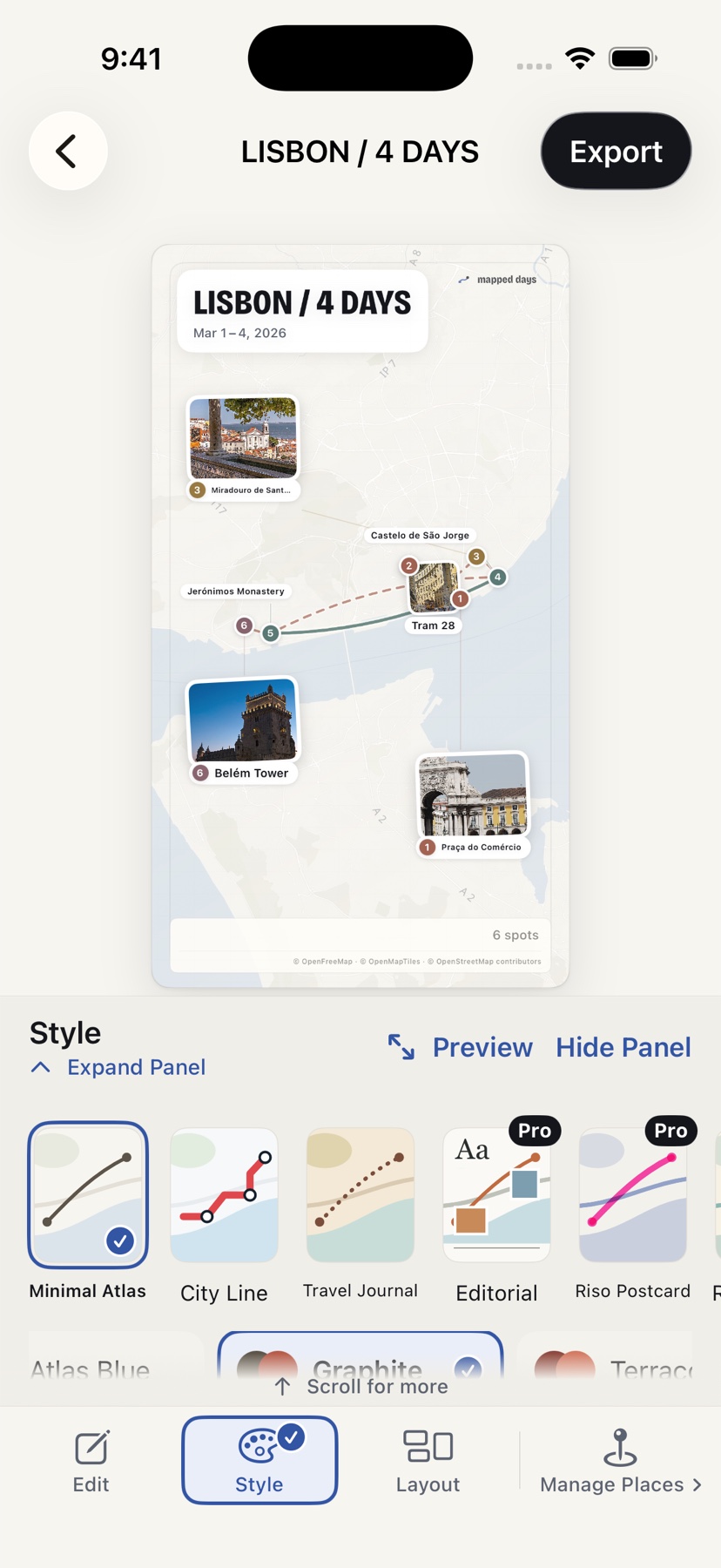 The editor showing a Lisbon memory with a row of styles to choose from.