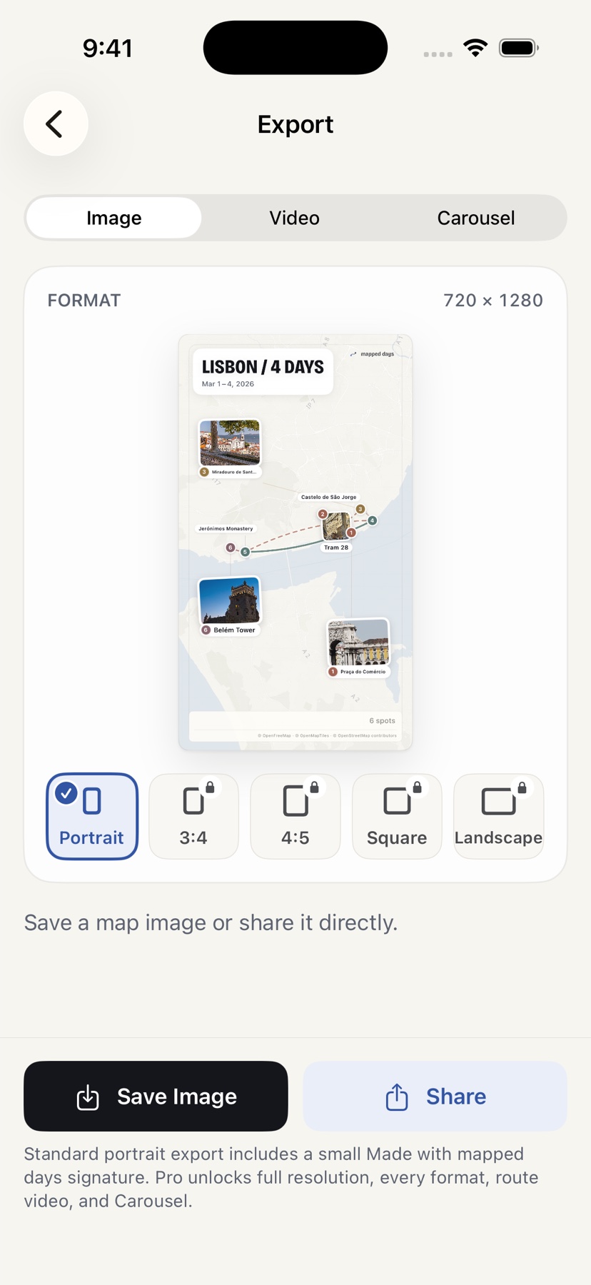 Export options for an image, a carousel and a route video.