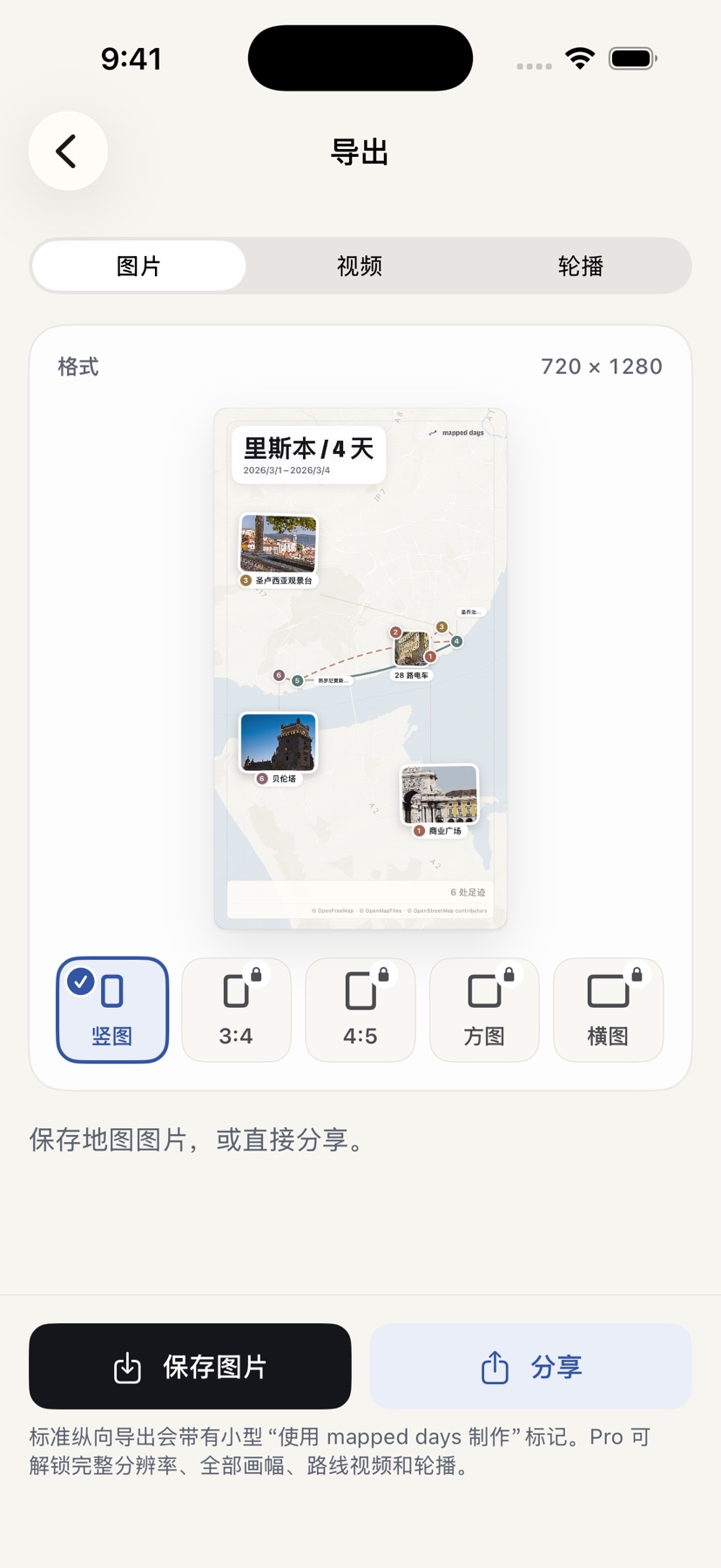 导出选项：单图、多图轮播和路线视频。