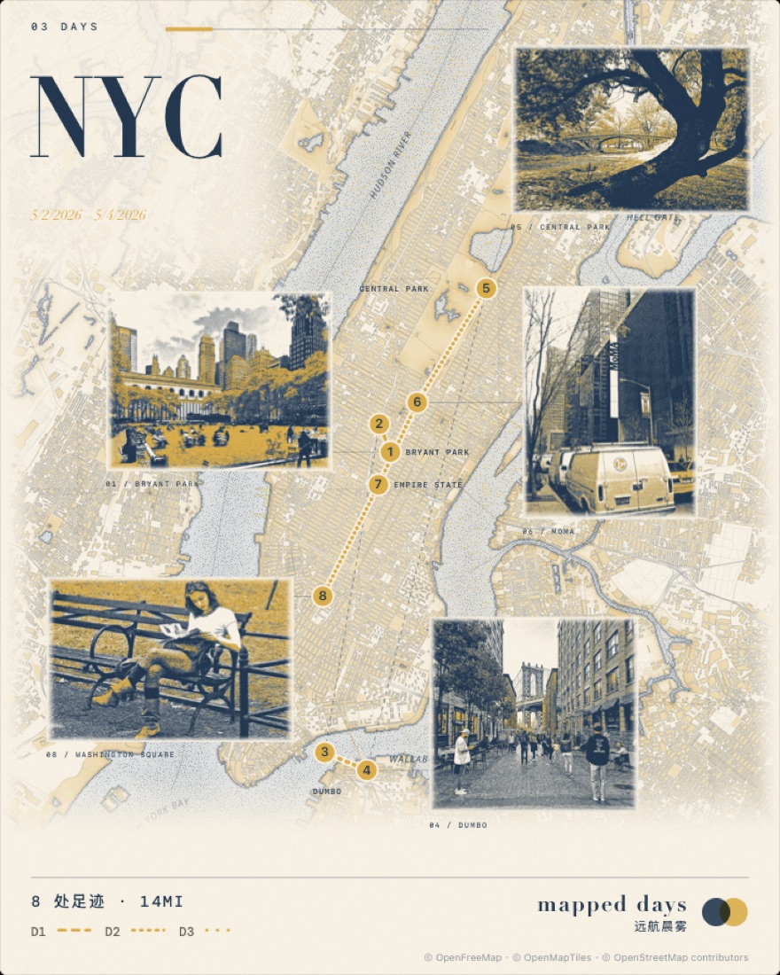 Harbor Mist style: New York in misty blue and warm yellow with photos printed in duotone.