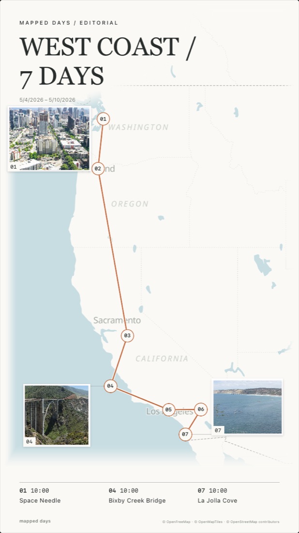 Editorial style: the US West Coast drawn as a clean photo-book page.